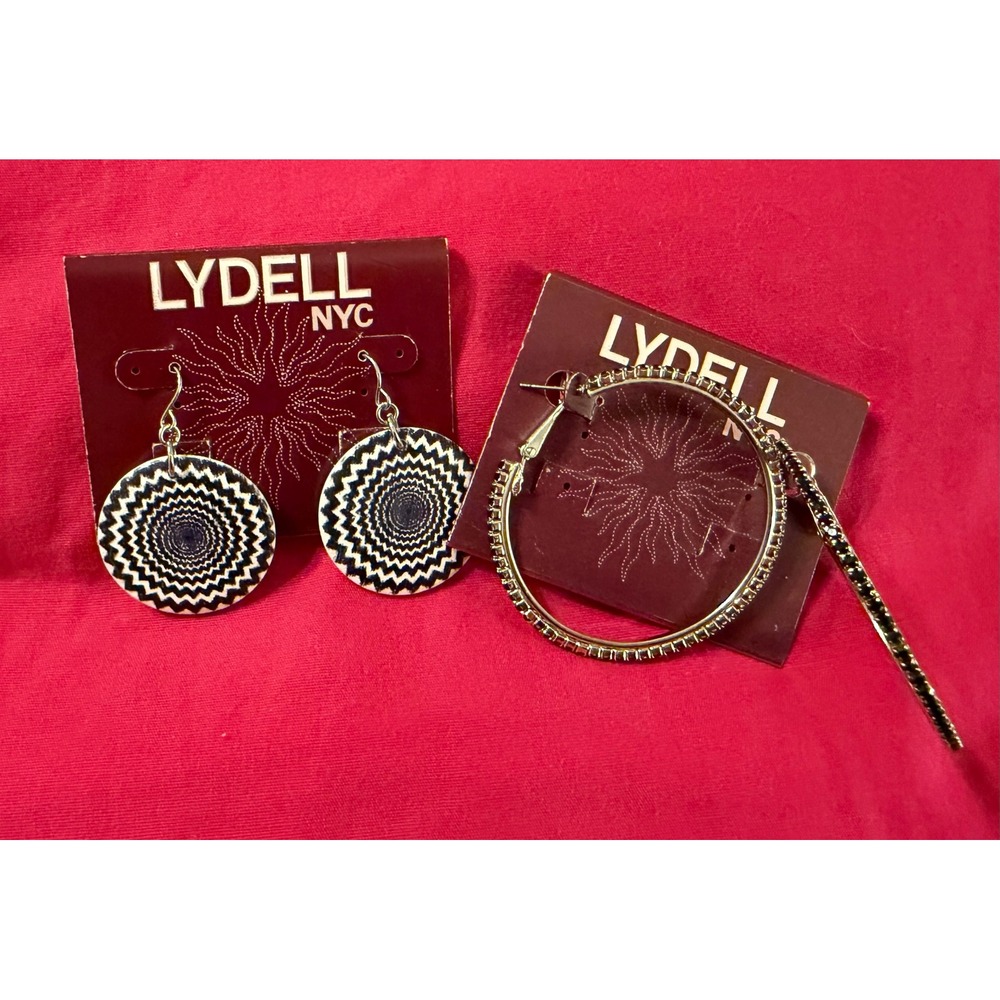 Lydell NYC Earring Set Black White Spiral Drops & Black Rhinestone Gold Hoops